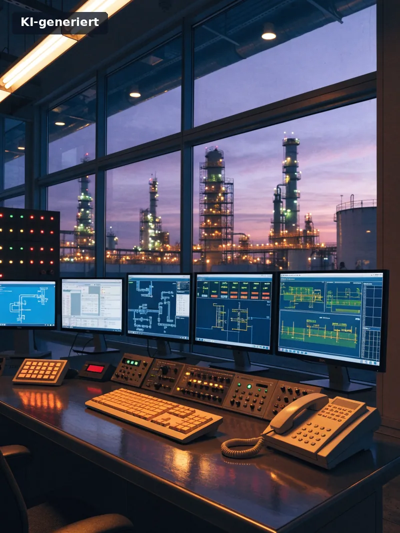 Leitwarte einer Industrieanlage, KI-generiertes Bild